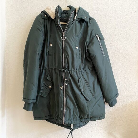 Steve Madden Womens Forest Green Faux Fur Lined‎ Hood Parka Coat Jacket Large - Picture 4 of 13